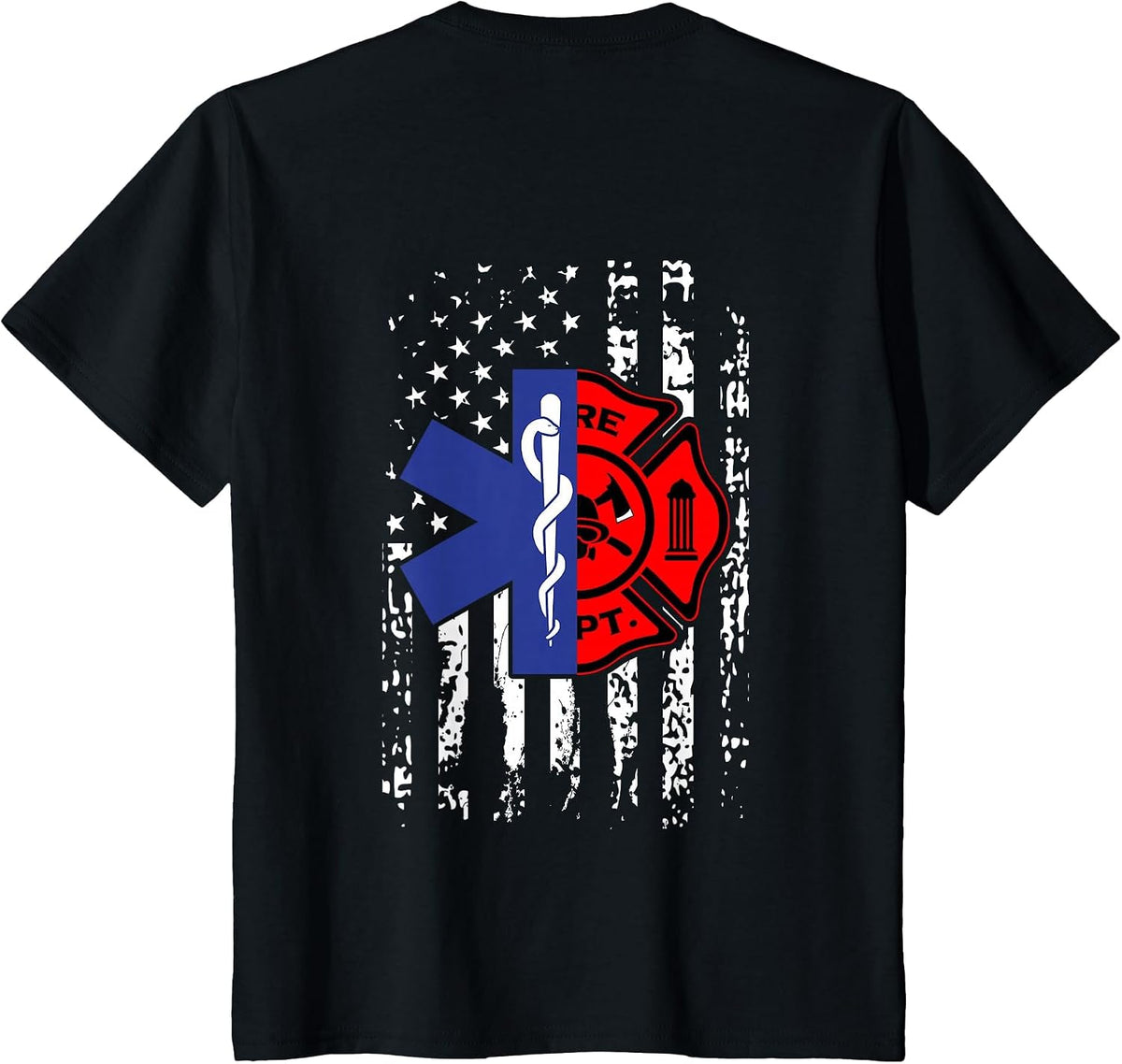 EMT Firefighter Shirt Firefighter American Flag Back Print T-Shirt - Black