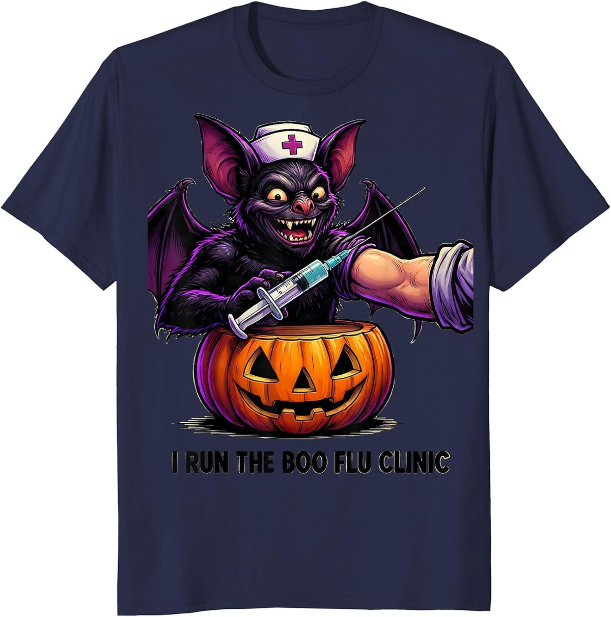 I Run The Boo Flu Clinic Funny Nurse Ghost Halloween Vaccine T-Shirt - Navy Blue