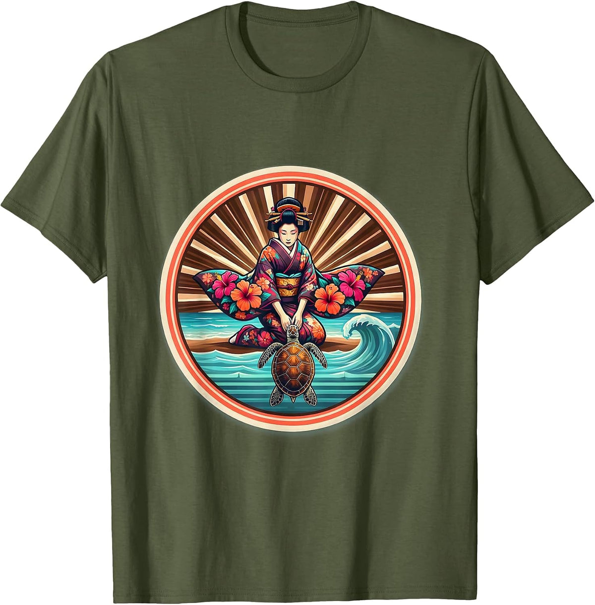 Floral Kimono Sea Turtle Release Aloha Design T-Shirt - Olive Green