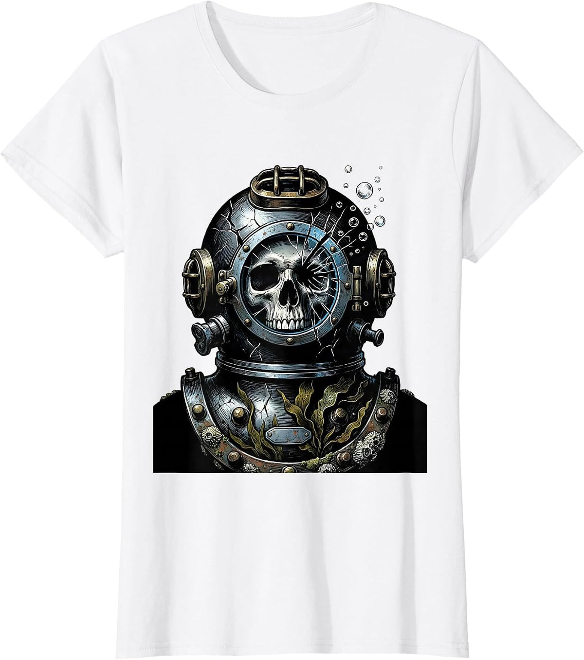 Skull in Broken Diving Helmet Underwater Art T-Shirt - White