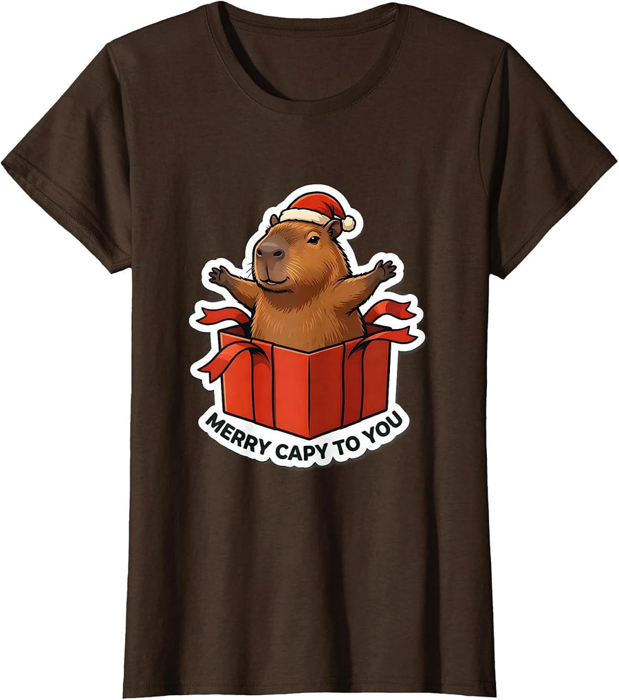 Women's Merry Capy To You Funny Capybara Christmas Family Humor T-Shirt - Brown