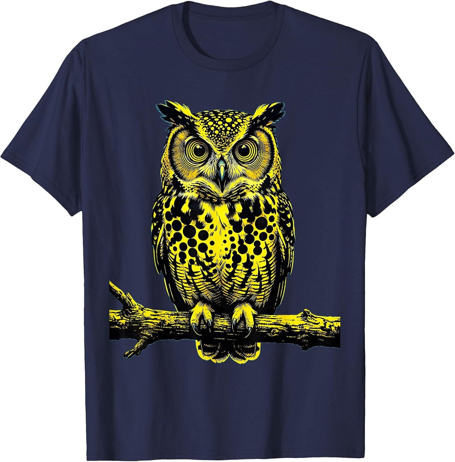 Spotted Owl on Branch Polka Dot Nature Design T-Shirt - Navy Blue