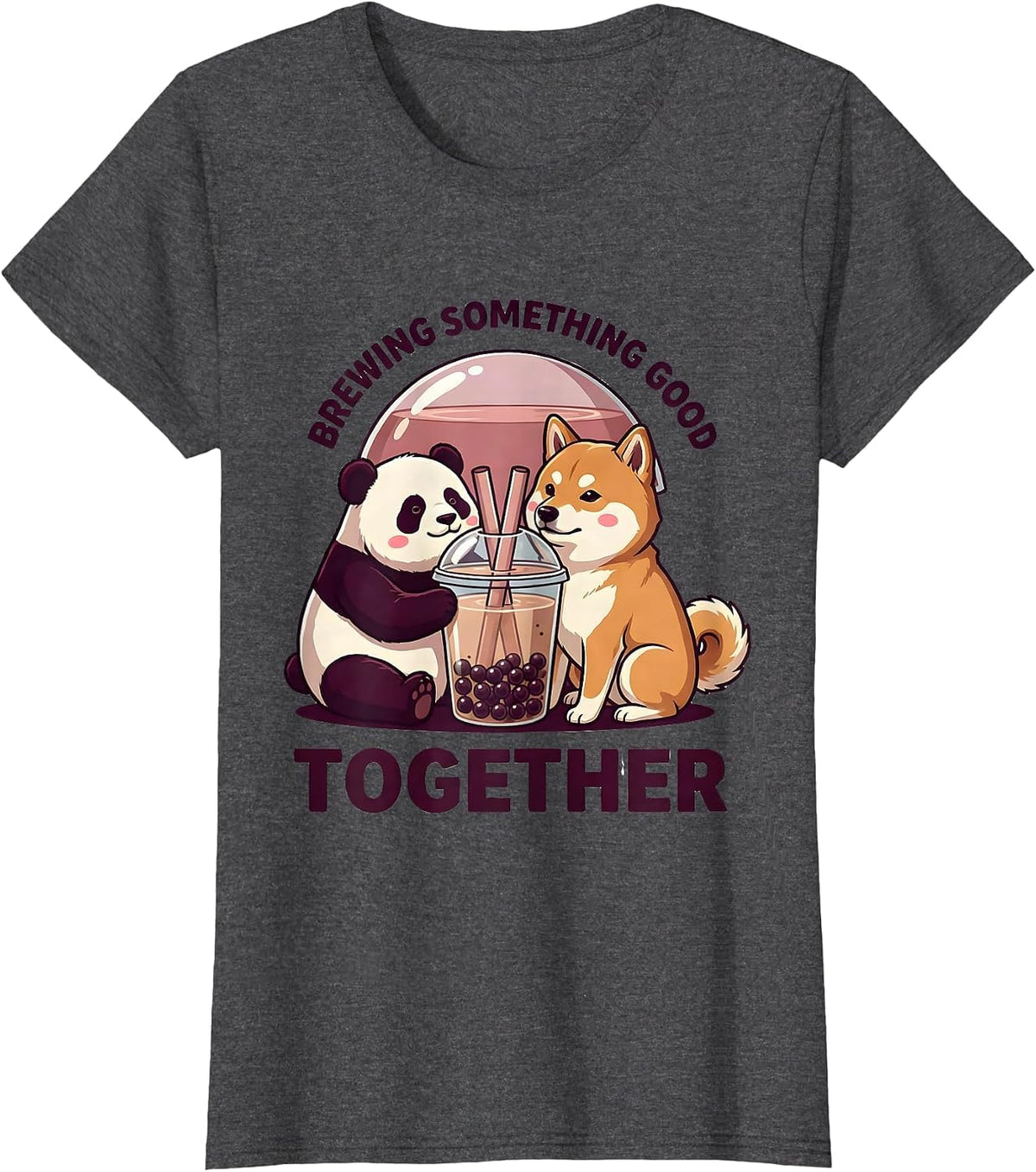 Women's Brewing Something Good Together Cute Panda Kawaii Boba Tea T-Shirt - Dark Heather Grey