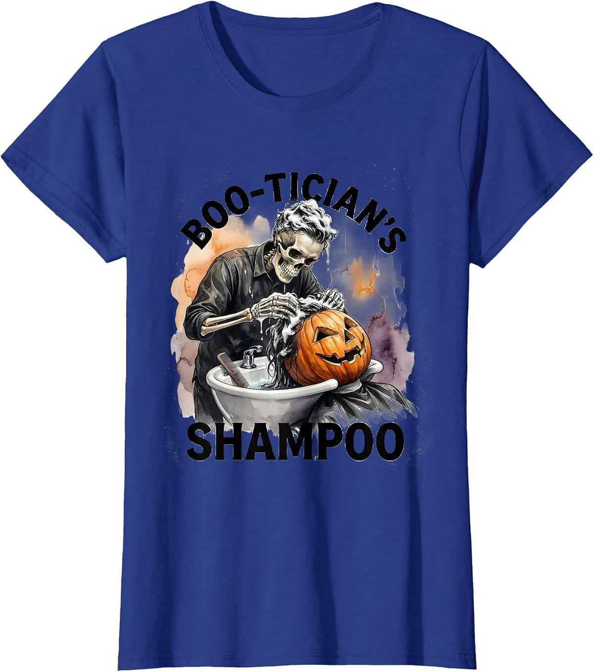 Women's Boo-tician's Shampoo Watercolor Skeleton Hairdresser T-Shirt - Royal Blue