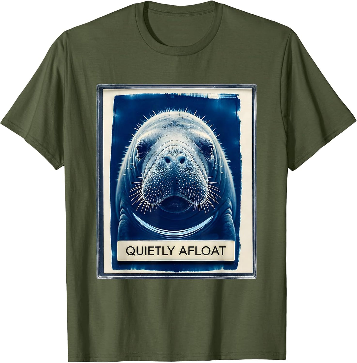 Men's Quietly Afloat Cyanotype Manatee Lover Sea Cow Humor T-Shirt - Olive Green