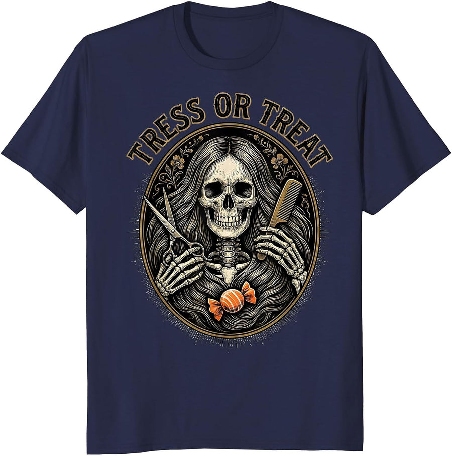 Tress Or Treat Skeleton Hairstylist Halloween Barber Humor T-Shirt - Navy Blue