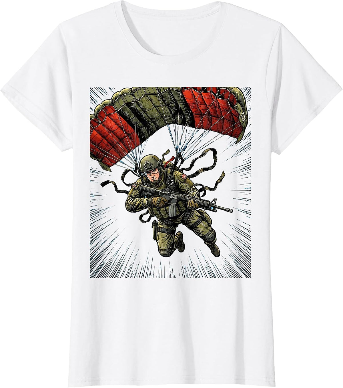 Paratrooper Mid-Air Freefall Military Illustration T-Shirt - White