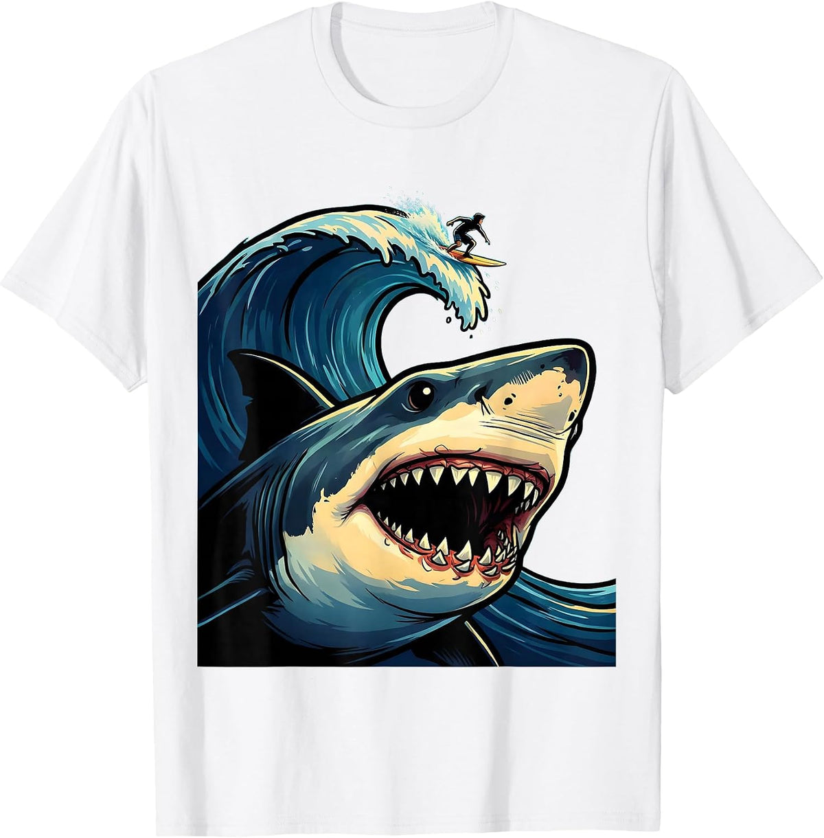 Men's Shark Silhouette Beneath Lone Surfer Graphic T-Shirt - White