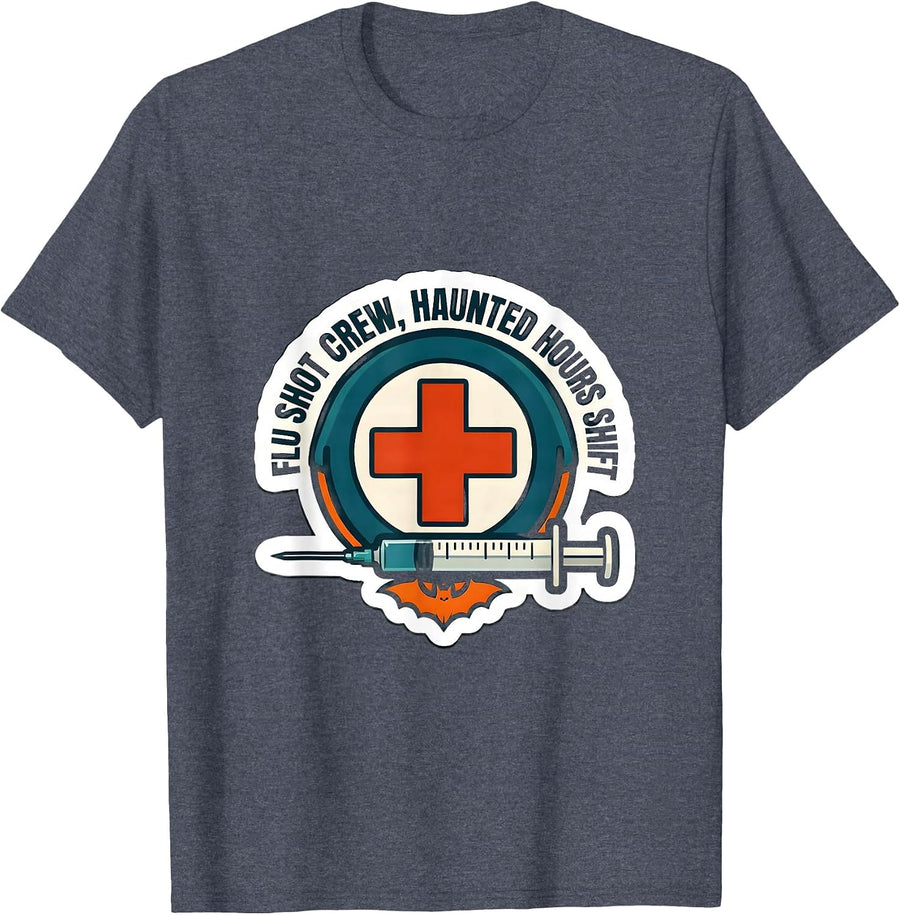 Flu Shot Crew Haunted Hours Shift Funny Nurse Halloween T-Shirt - Heather Blue