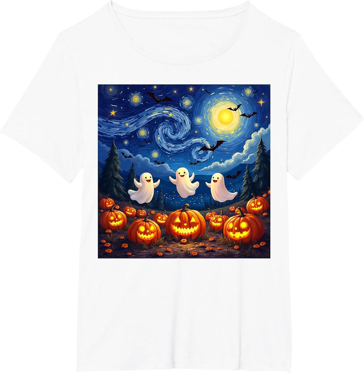 Boo Ghost Halloween Pumpkin Starry Night Van Gogh Men Women T-Shirt - White