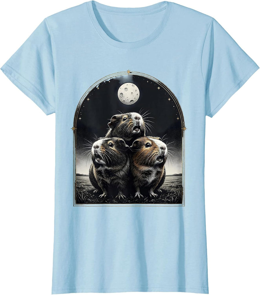 Women's Three Guinea Pigs Moon Howling Meme Humor T-Shirt - Baby Blue