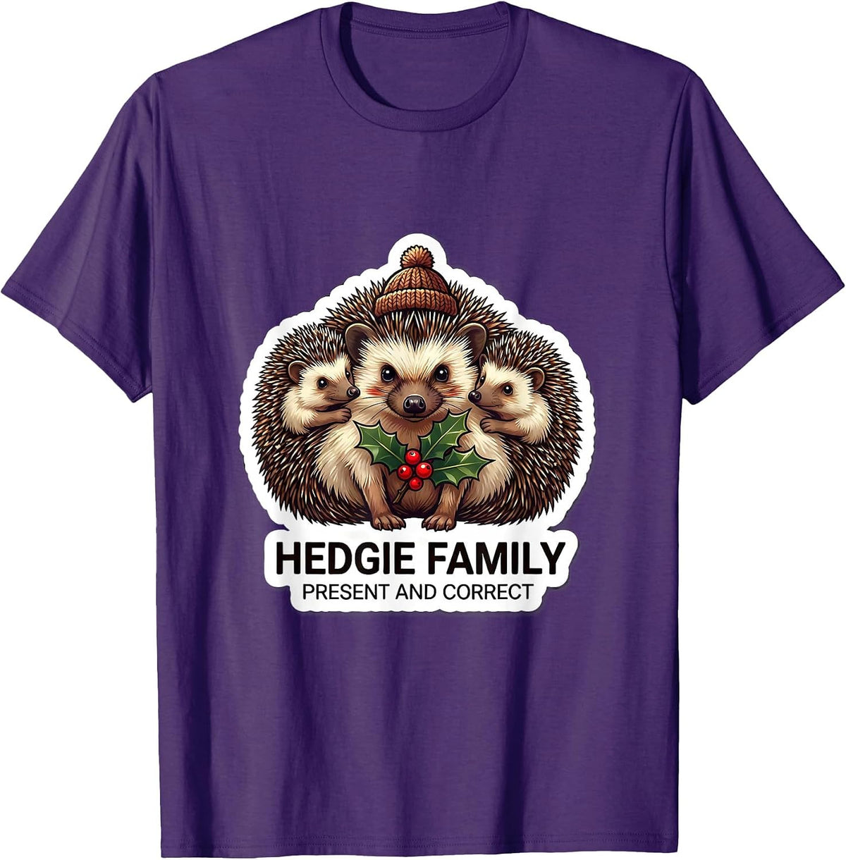 Hedgie Family Present and Correct Cute Hedgehog Christmas T-Shirt - Purple