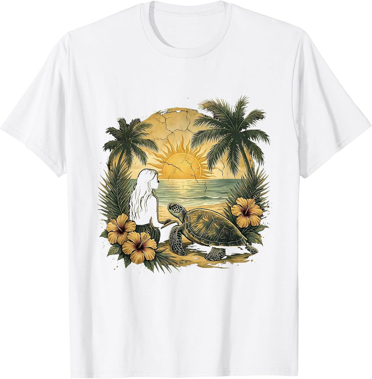Men's Girl On Beach With Sea Turtle Hawaiian Design T-Shirt - White