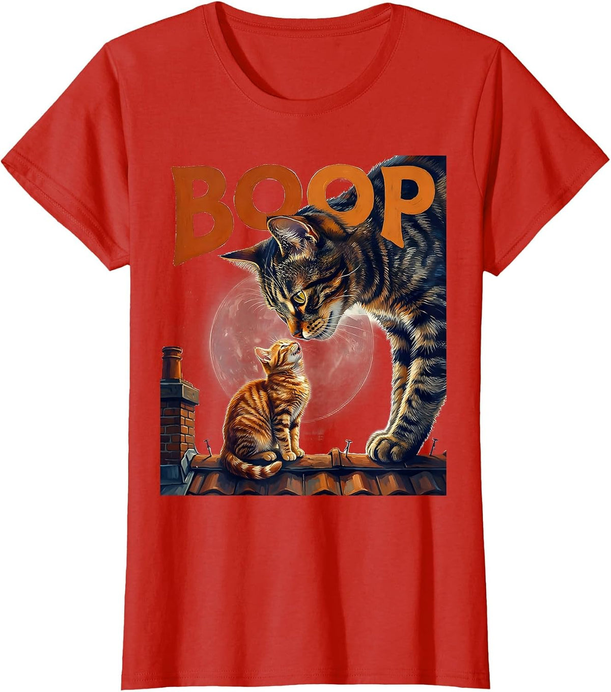 Boop Orange Tabby Cat Howling at Moon 90's Retro T-Shirt - Red