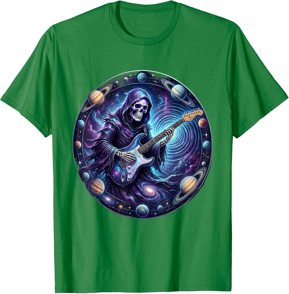 Men's Grim Reaper Electric Guitar Rock Halloween T-Shirt - Kelly Green