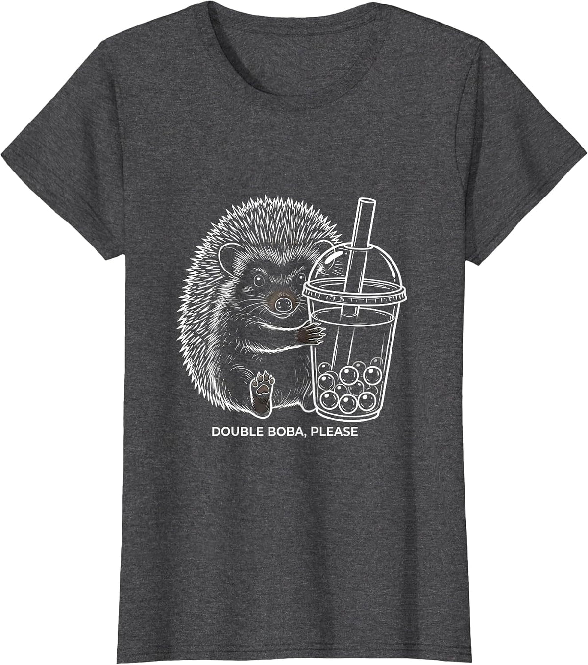 Women's Double Boba, Please Cute Kawaii Hedgehog Boba Tea Lover Gift T-Shirt - Dark Heather Grey