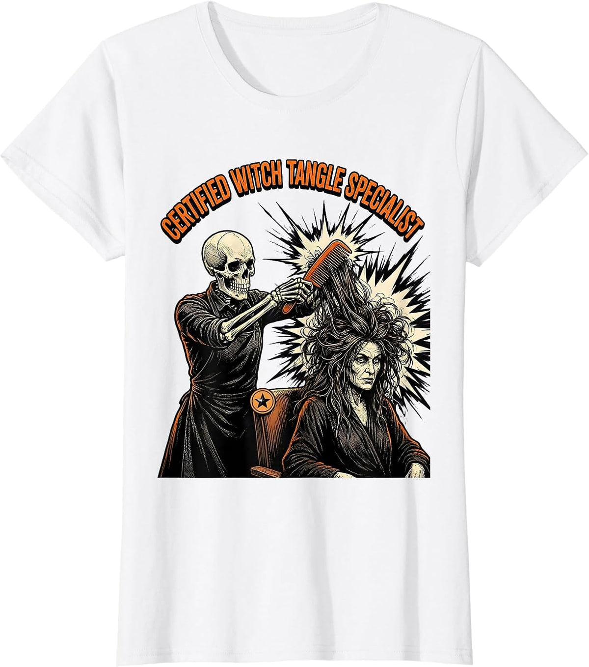 Women's Certified Witch Tangle Specialist Comic Book Skeleton T-Shirt - White
