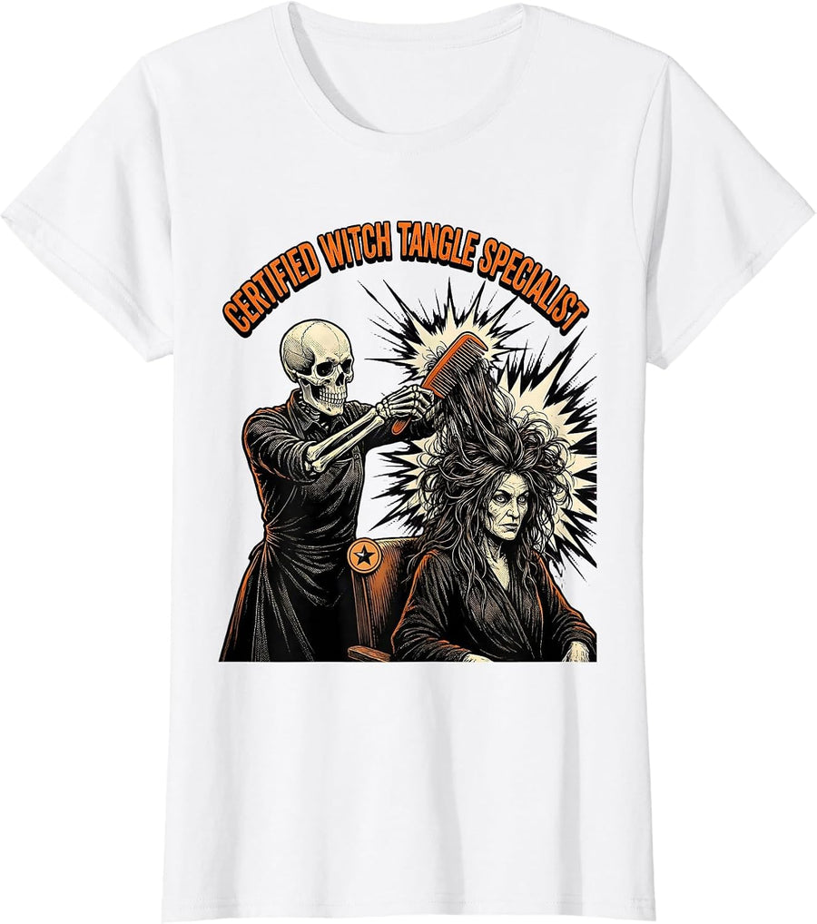 Women's Certified Witch Tangle Specialist Comic Book Skeleton T-Shirt - White