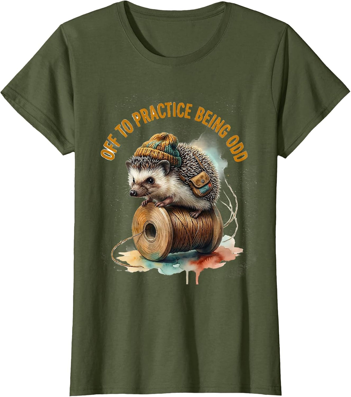 Women's Off To Practice Being Odd Whimsical Hedgehog Meme Humor T-Shirt - Olive Green