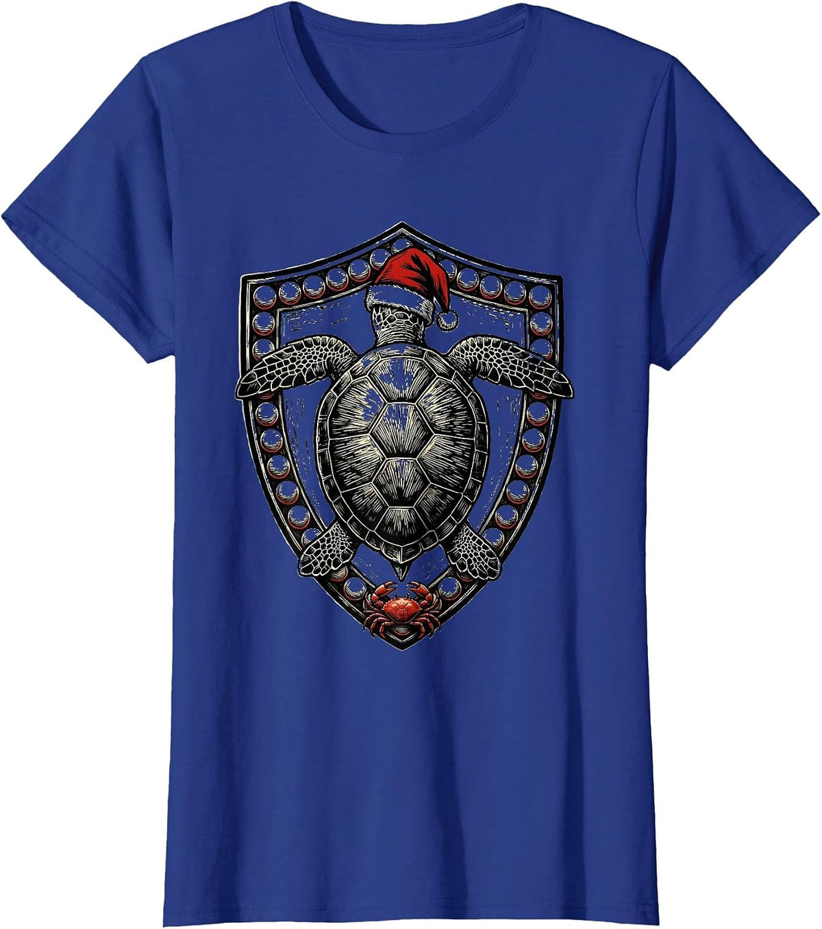 Women's Sea Turtle Santa Hat Woodcut Engraving Christmas Novelty T-Shirt - Royal Blue