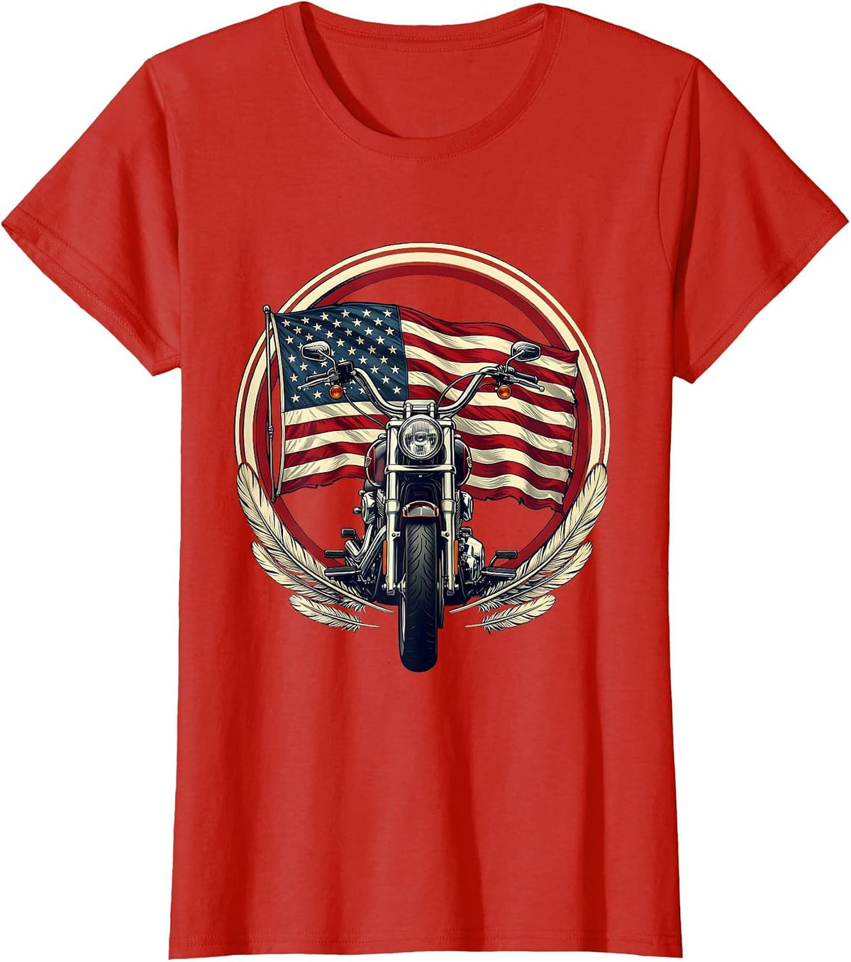 Vintage Motorcycle American Flag Patriotic Graphic T-Shirt - Red