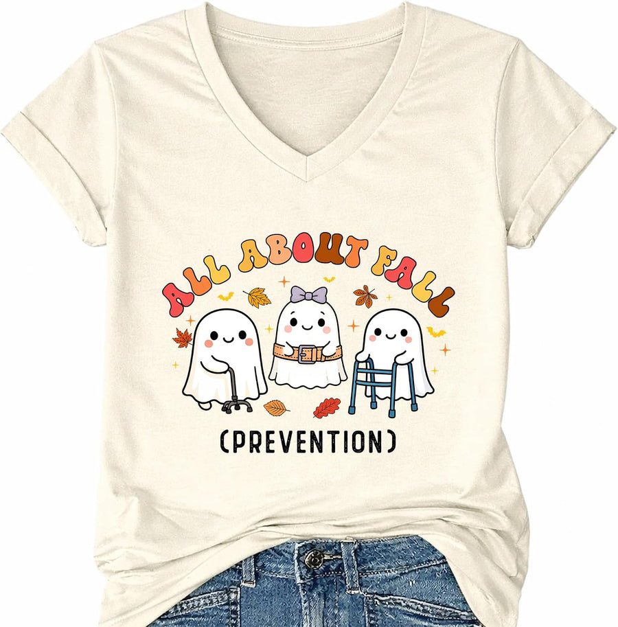 Nurse All About Fall Prevention Shirt Halloween Ghost Graphic T-Shirts - Creamy Yellow V-neck