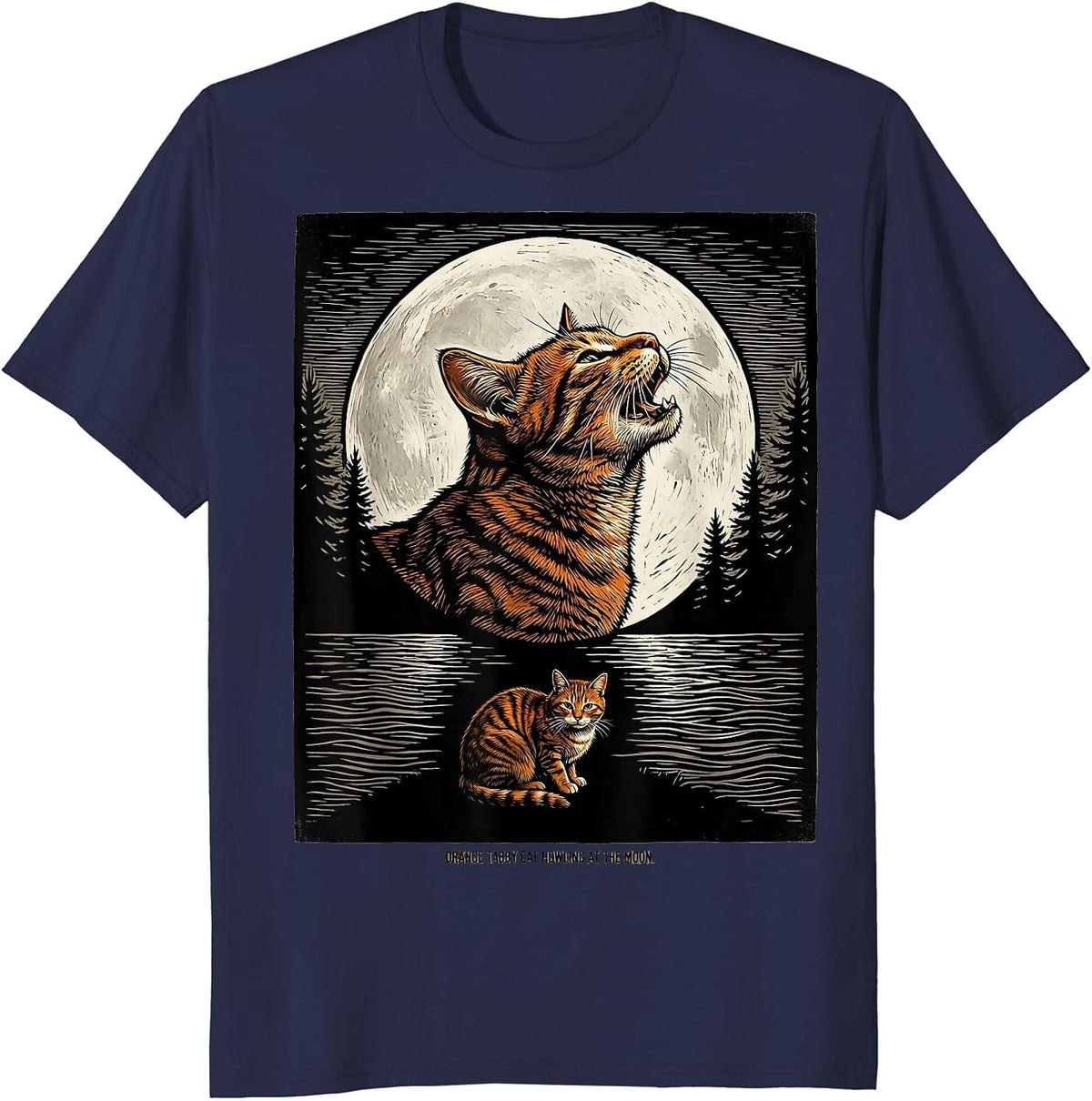 Men's Orange Tabby Cat Howling at the Moon 90's Retro Nature Art T-Shirt - Navy Blue