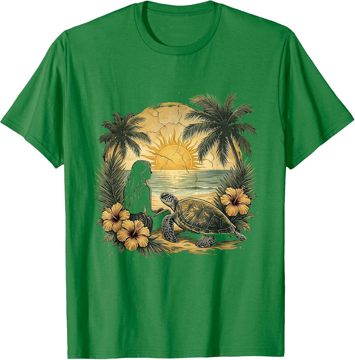 Men's Girl On Beach With Sea Turtle Hawaiian Design T-Shirt - Kelly Green