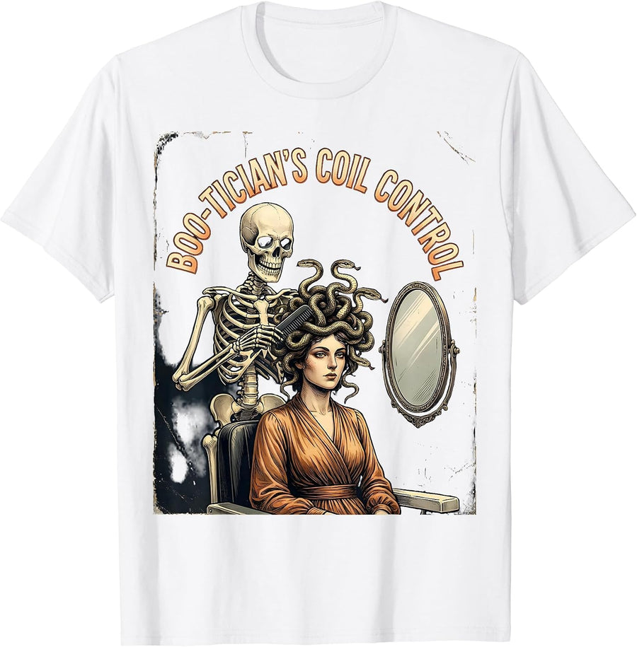 Men's Boo-tician's Coil Control Vintage Skeleton Hairstylist Humor T-Shirt - White