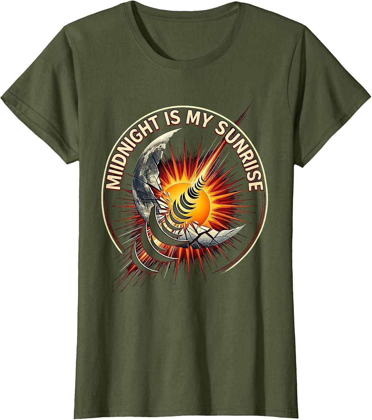 Women's Midnight Is My Sunrise Gothic Night Owl Design T-Shirt - Olive Green