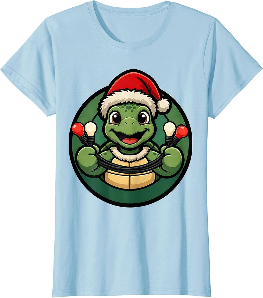Women's Sea Turtle Santa Hat Mascot Logo Christmas Lights Novelty T-Shirt - Baby Blue