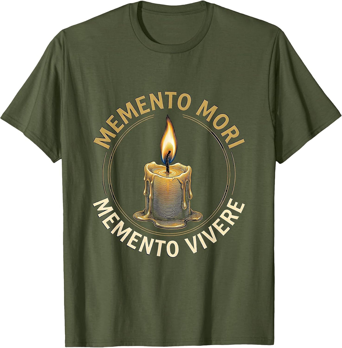 MEMENTO MORI MEMENTO VIVERE Stoic Philosophy Quote Emblem T-Shirt - Olive Green