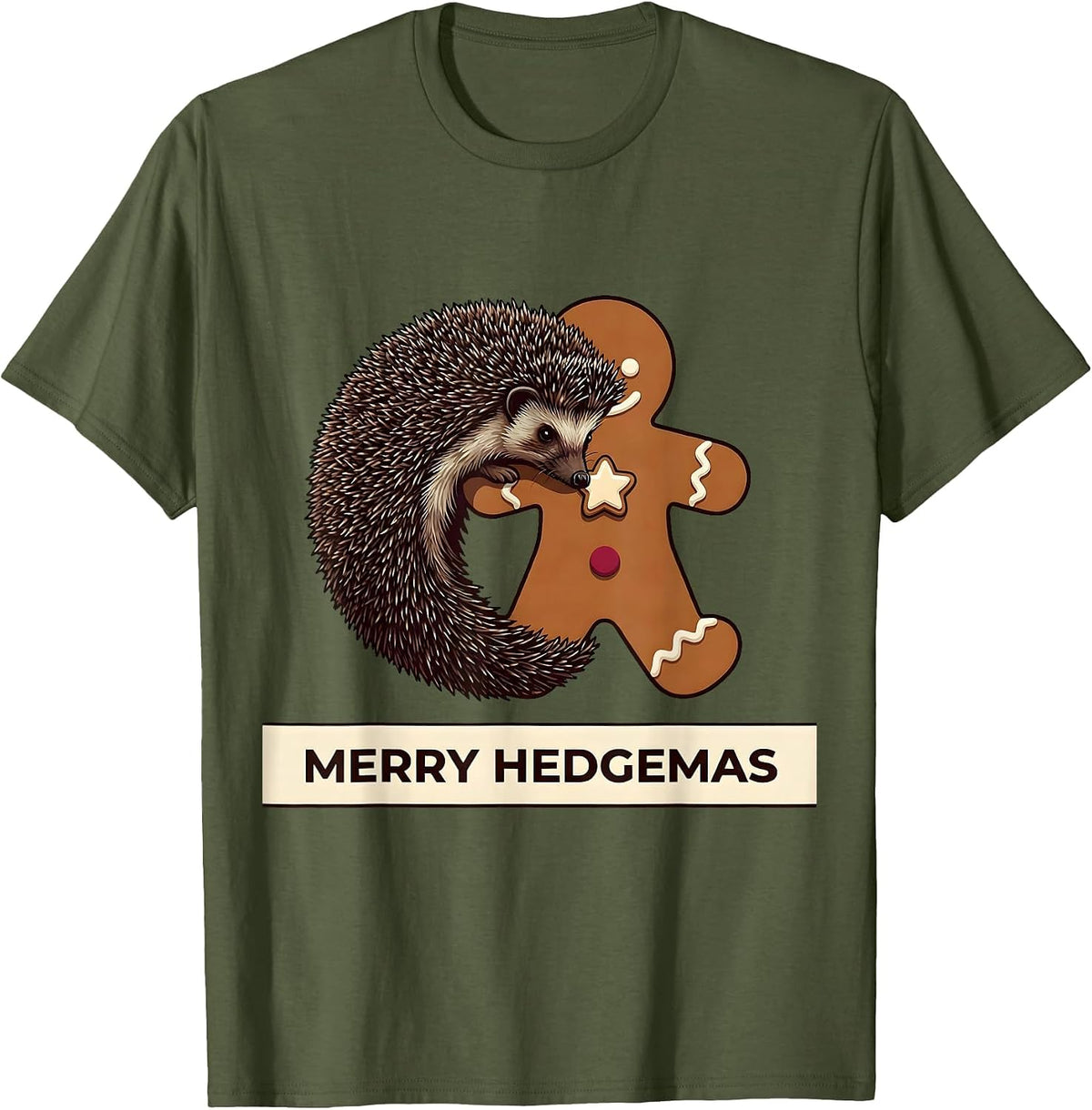 Men's Merry Hedgemas Cute Hedgehog Christmas Humor Novelty T-Shirt - Olive Green