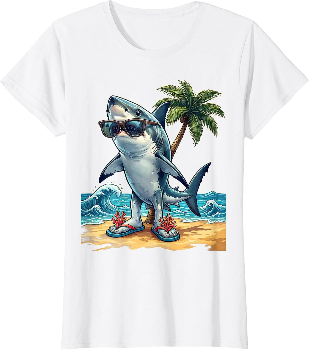 Shark In Flip Flops Funny Beach Graphic Tee T-Shirt - White