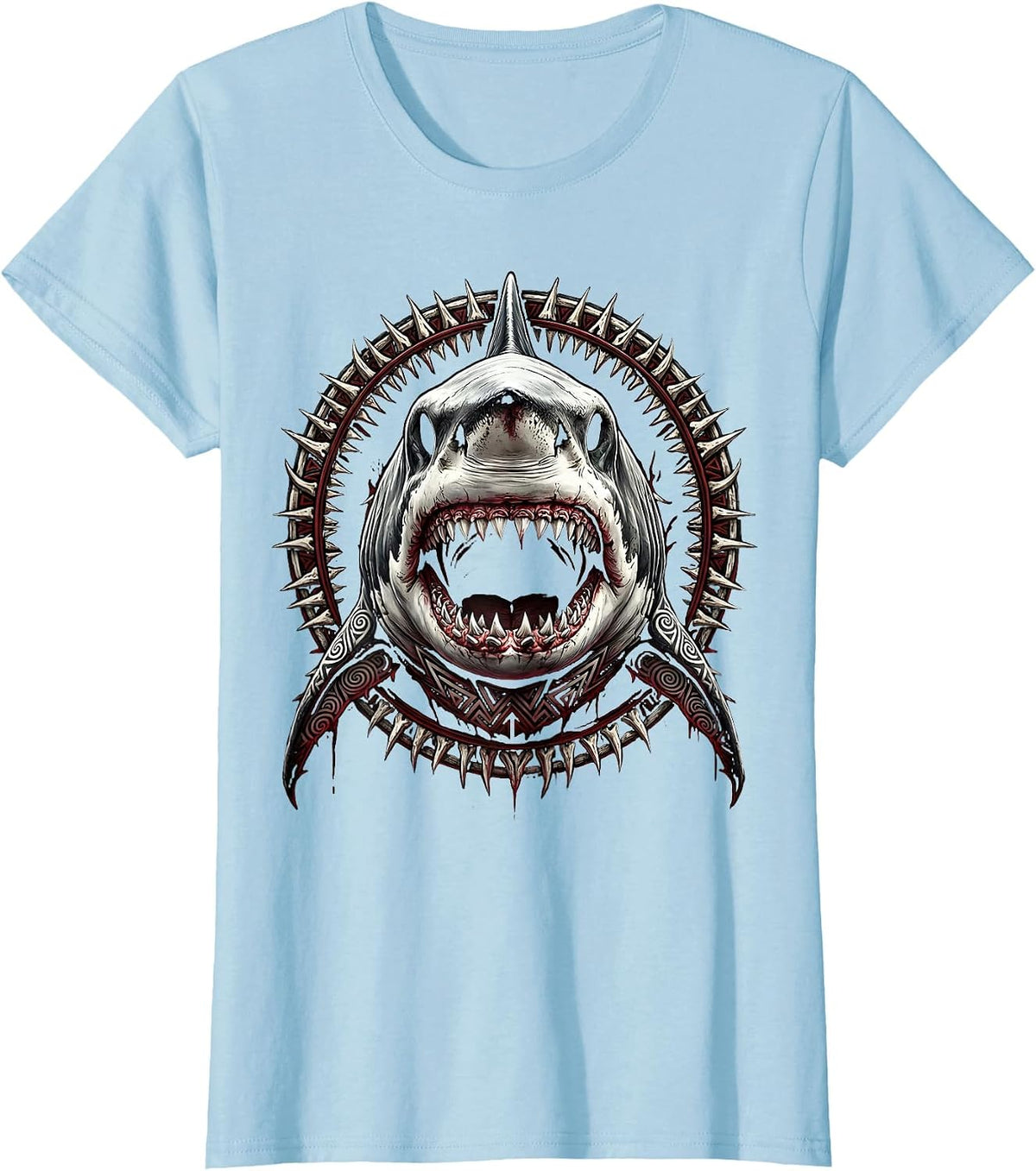 Tribal Tattoo Shark Forward-Facing Graphic T-Shirt - Baby Blue
