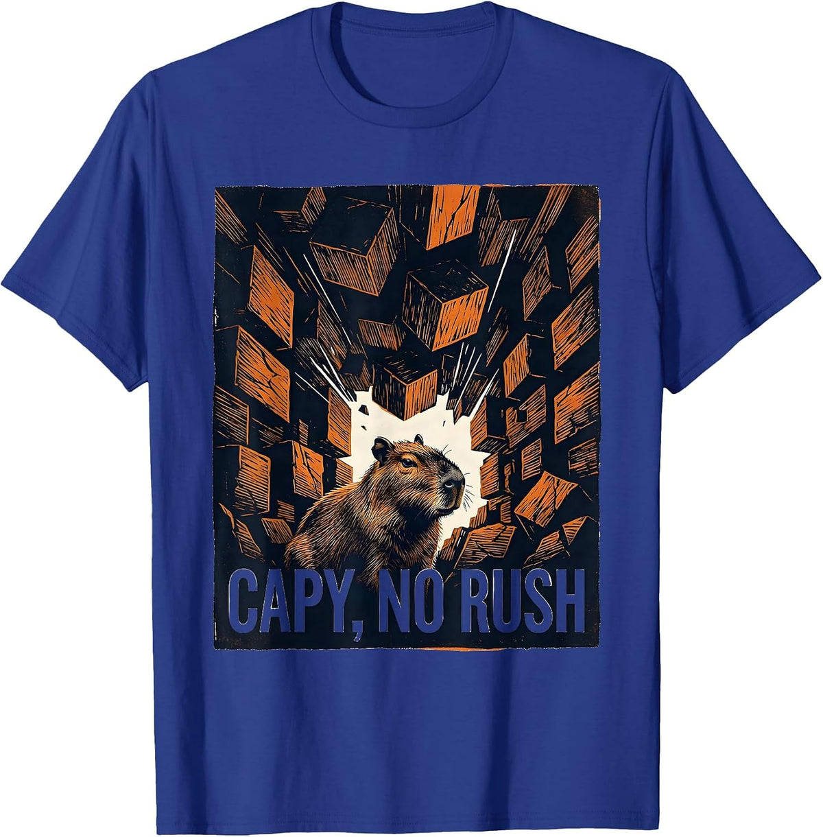 Men's capy no rush Linocut Funny Capybara Animal Meme Humor T-Shirt - Royal Blue