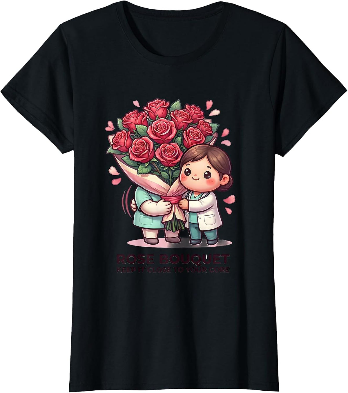 Rose Bouquet Keep It Close To Your Core Cute Kawaii T-Shirt - Black