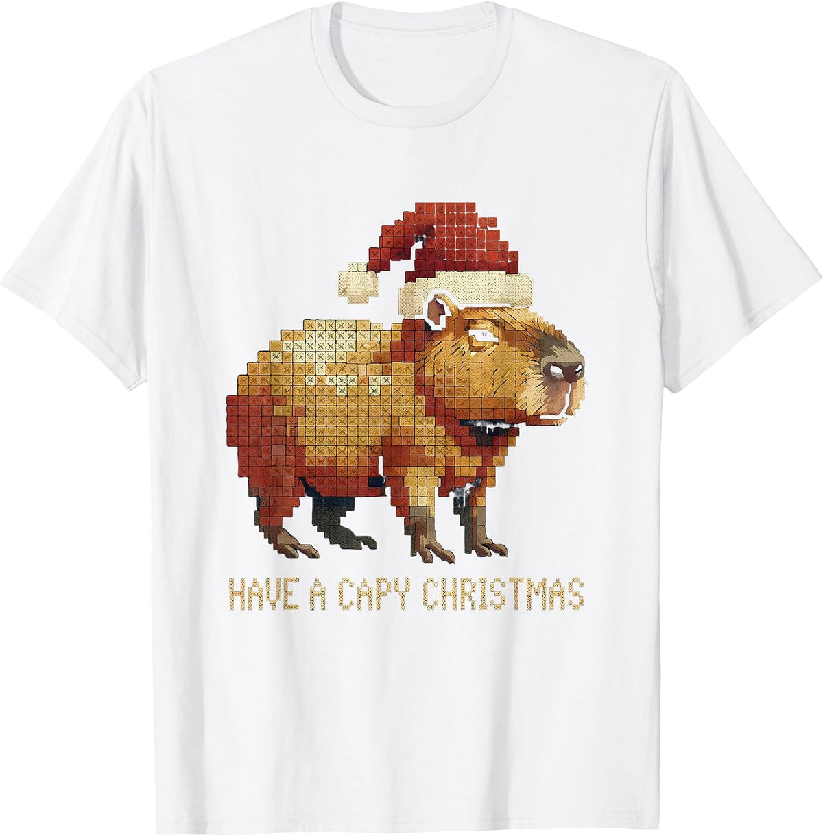 Men's Have a Capy Christmas Cross-Stitch Sampler Cute Capybara T-Shirt - White