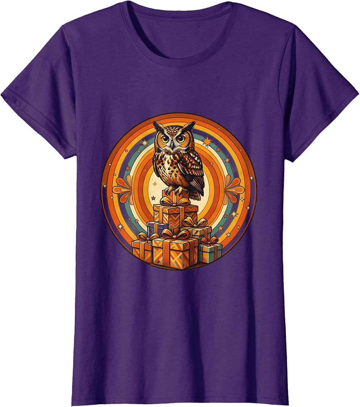 Women's Owl on Birthday Gifts Stack Illustration T-Shirt - Purple