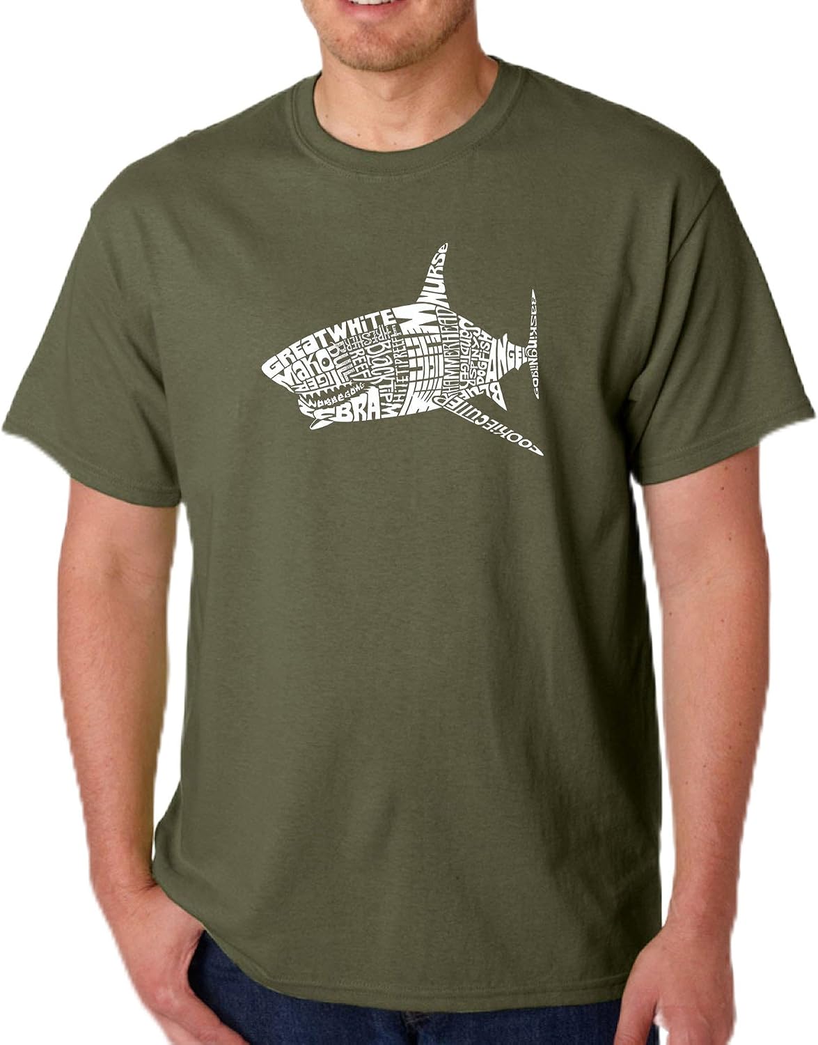 LA POP ART Men's Word Art T-Shirt- Species of Shark - Military Green