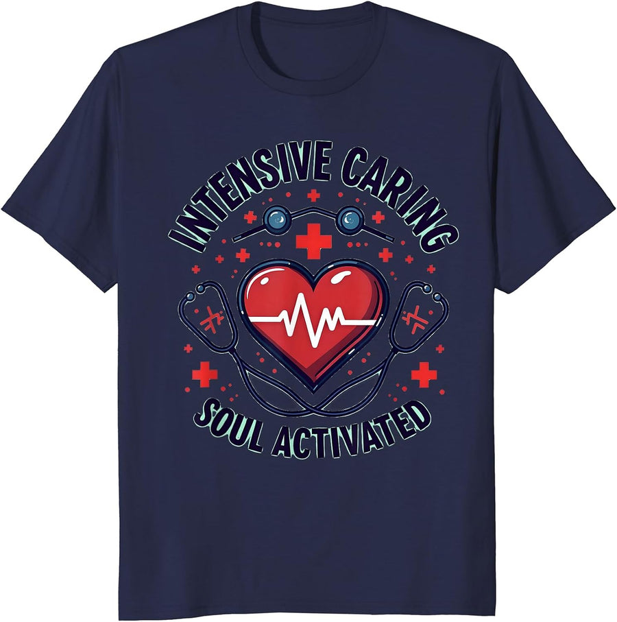 Intensive Caring Soul Activated ICU Nurse Design T-Shirt - Navy Blue