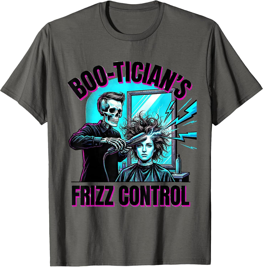 Boo-tician's Frizz Control Pop Art Skeleton Hairstylist T-Shirt - As Pictured