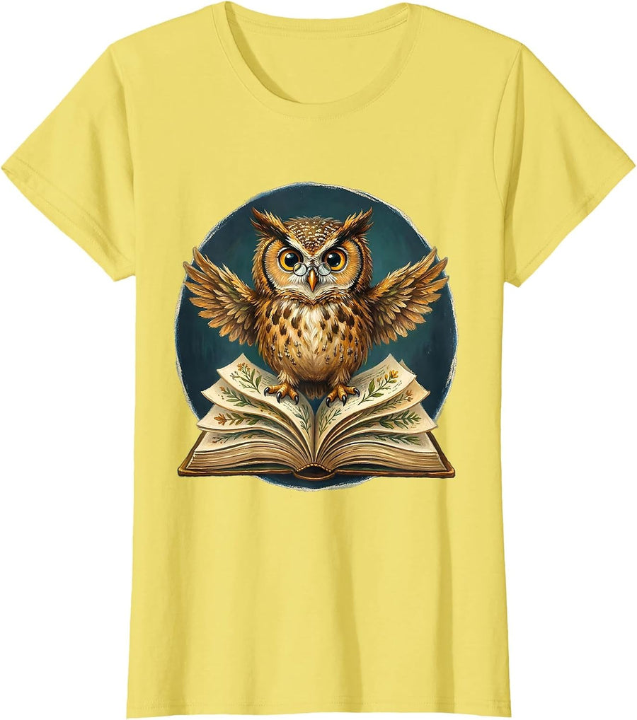 Owl on Open Book Illustration for Teachers T-Shirt - Lemon Yellow
