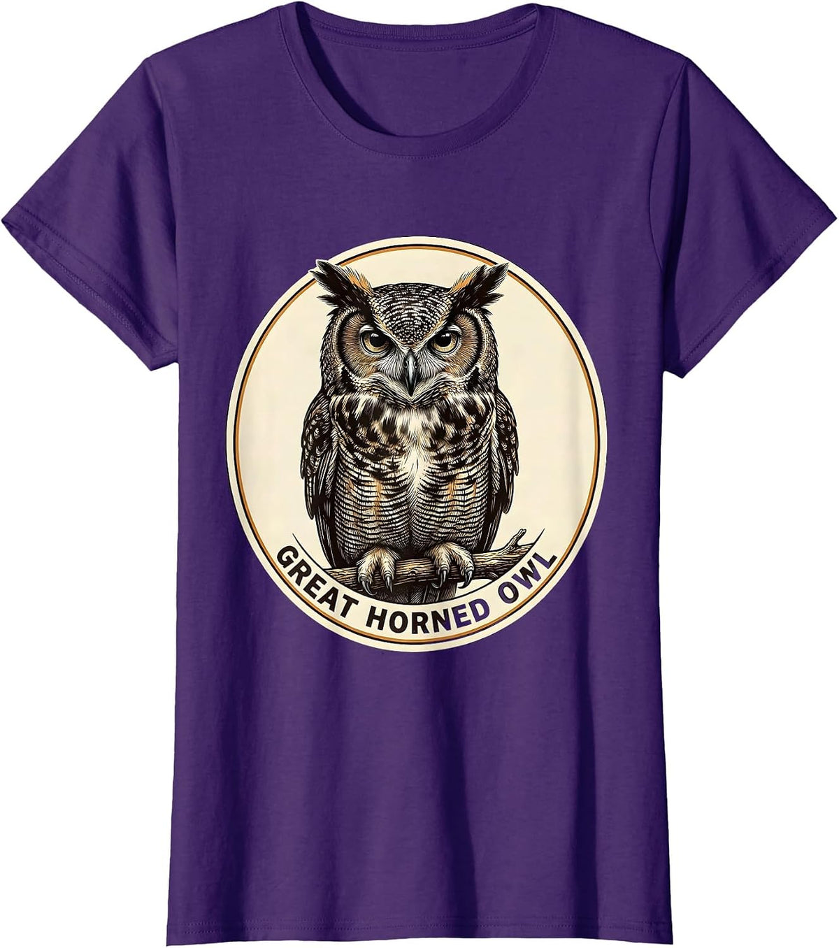 Women's Great Horned Owl Crosshatch Etching Bird Lover Vintage T-Shirt - Purple