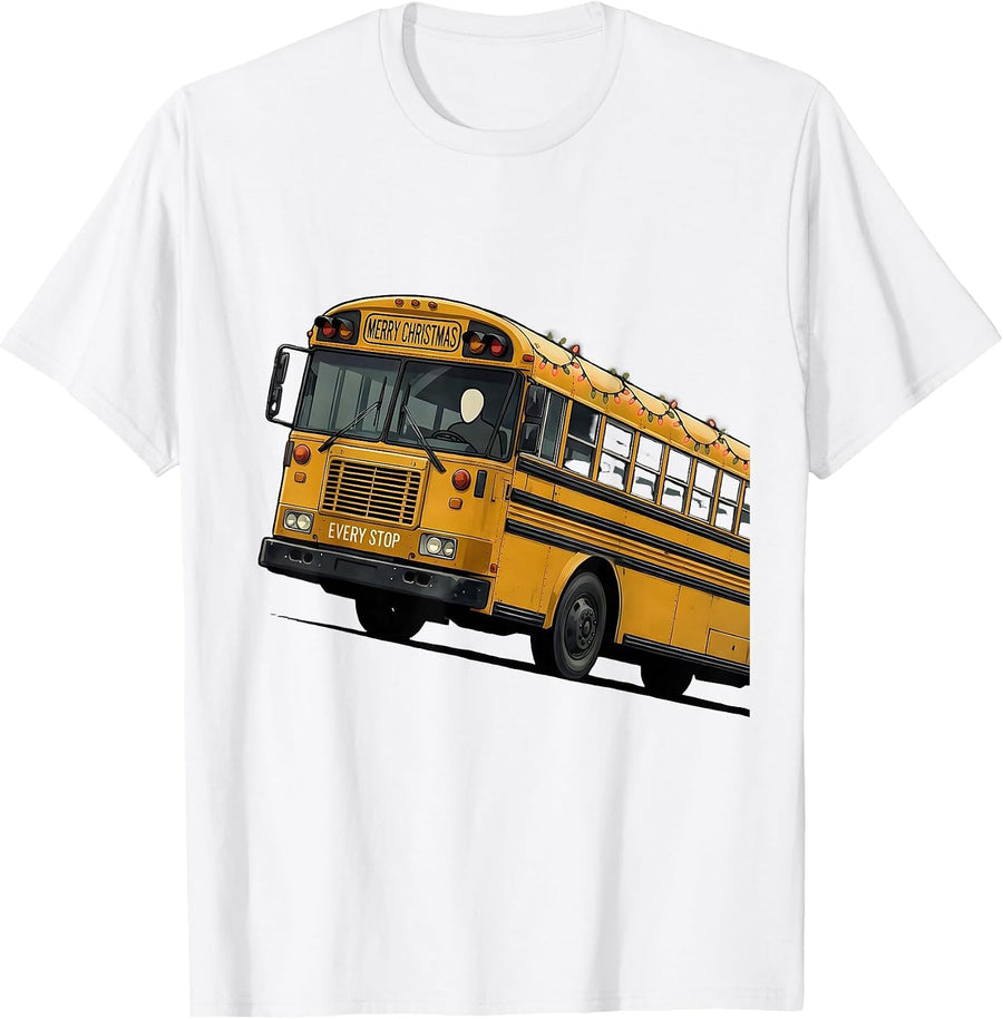 Men's Merry Christmas Every Stop Midcentury Modern School Bus T-Shirt - White