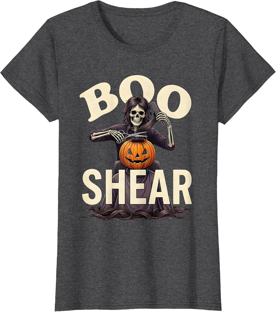 Women's Boo Shear Horror Skeleton Hairstylist Halloween Hairdresser T-Shirt - Dark Heather Grey