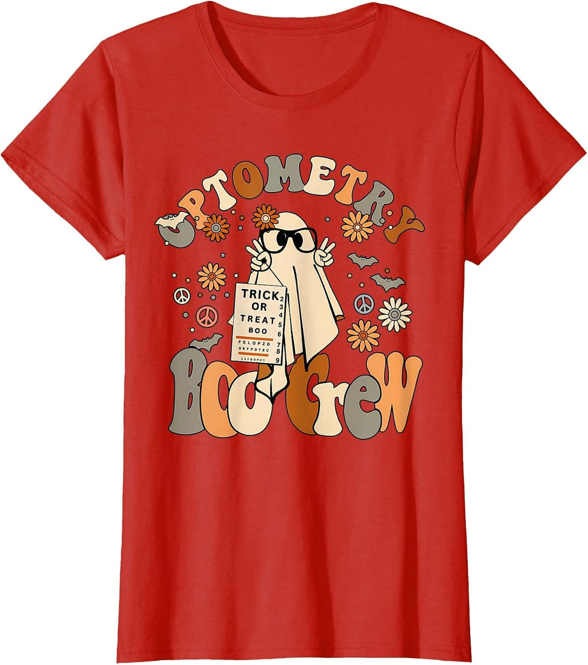 Spooky Optometry Boo Crew Ghost Halloween Eye Doctor T-Shirt - Red