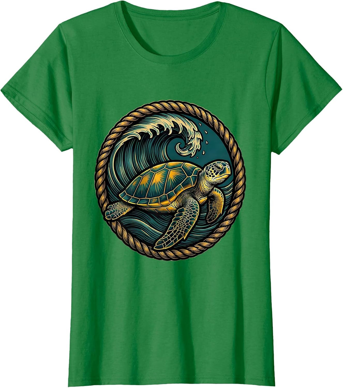 Women's Sea Turtle Under Breaking Wave Surf Design T-Shirt - Kelly Green
