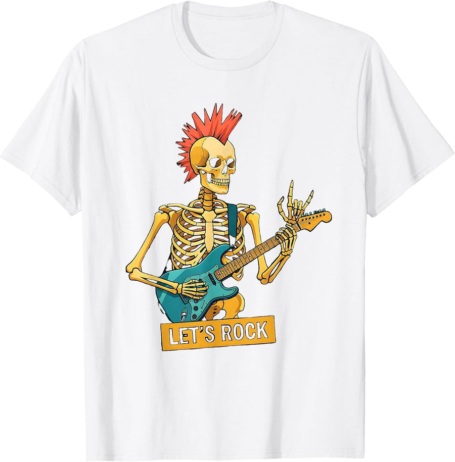 Men's Let's Rock Punk Rock Skeleton Halloween Music Humor T-Shirt - White