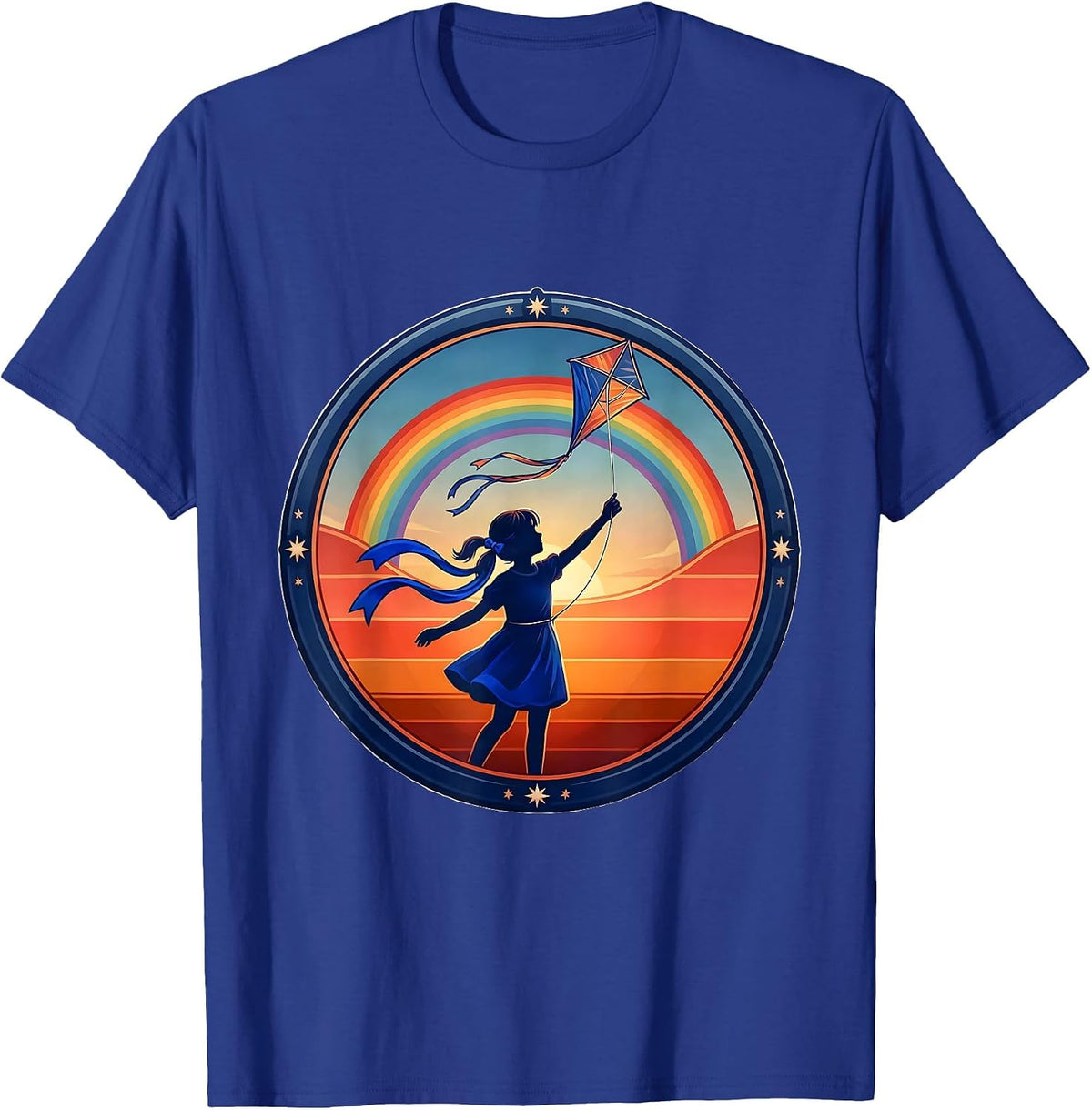 Red White and Blue Kite Flying Girl Graphic T-Shirt - Royal Blue